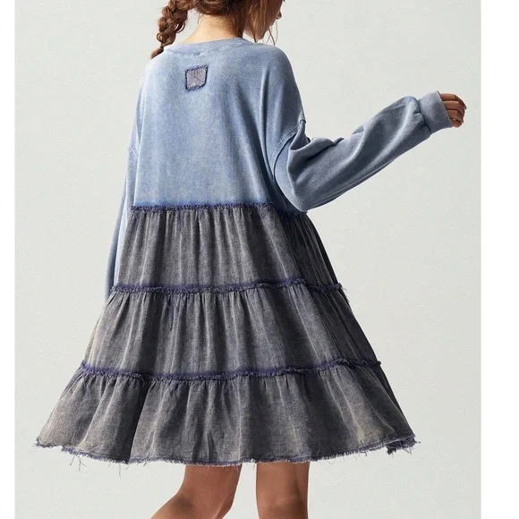 Color Block Mineral Wash Frayed Detail Oversized Long Sleeve Dress - Picture 4 of 8